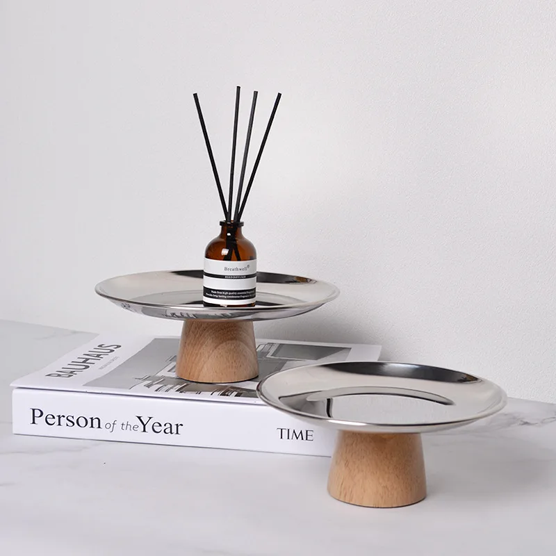 

Nordic Metal Round Solid Wood Base Tray Living Room Porch Small Objects Desktop Storage Plate trays decorative