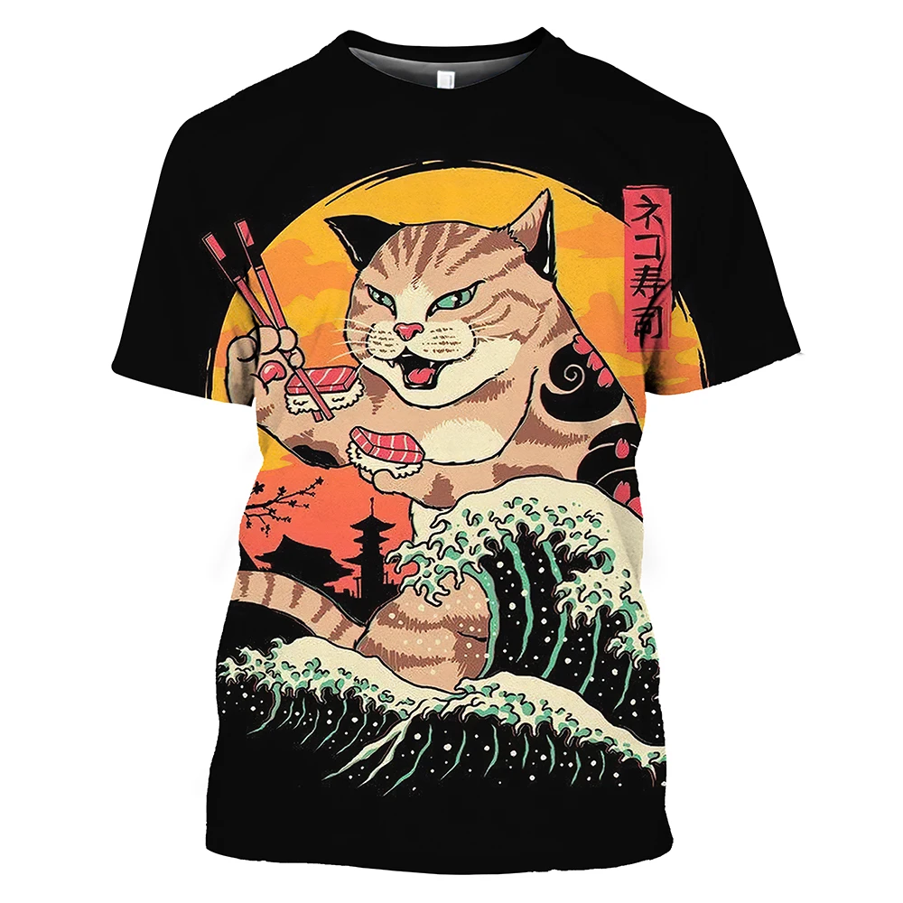

Summer Japan Samurai Cat Graphic T Shirts Cool Classic Art Style Men's Printing Tees Fashion O-neck Short Sleeve Loose Tops