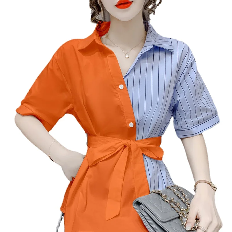 

Short-sleeved chiffon shirt women's lace-up waist summer new cardigan age-reducing top women's