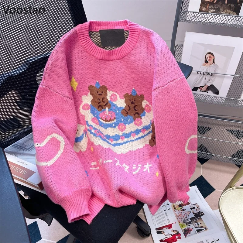 

Японский кавайный вязаный пуловер в стиле "Лолита", Осень-зима, Женский жаккардовый свитер с милым мультяшным медведем, топы для девочек, вязаная одежда в стиле Харадзюку