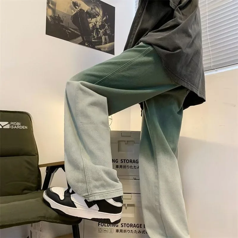 Green Black Baggy Jeans Men Fashion Retro Oversized Wide Leg Jeans Mens Streetwear Hip Hop Loose Straight Denim Trousers Men