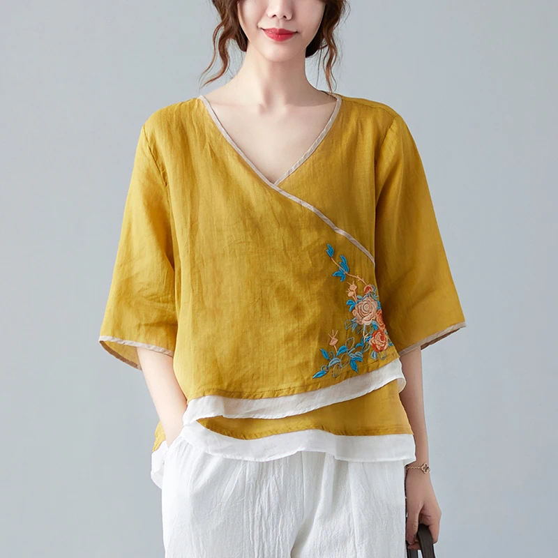 

2022 Топы hanfu, традиционный китайский костюм, одежда для женщин, костюм ханьфу Тан, льняная китайская блузка, современная рубашка с цветочным п...