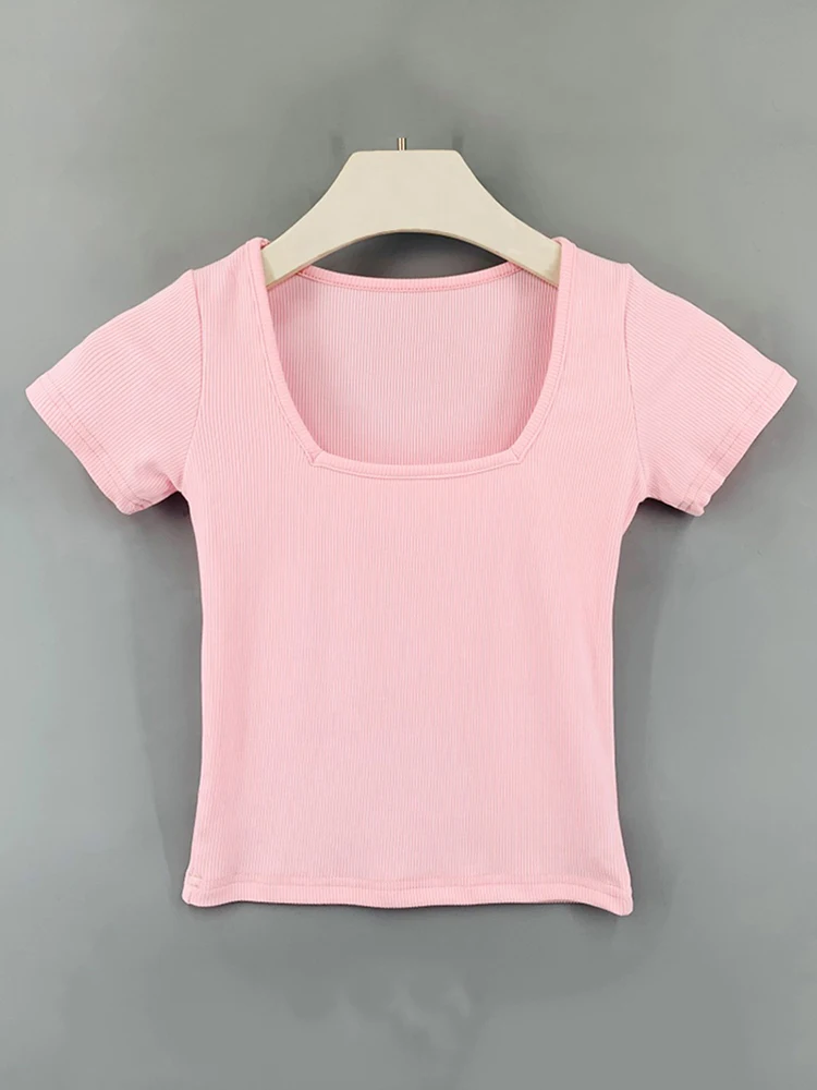 Укороченный топ хлопковые базовые футболки Женские однотонные с квадратным