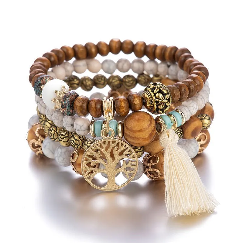 

Boho Fashion Wood Beaded Bracelet Set For Women Ethnic Gold Color Tree Tassel Pendant Bracelets & Bangles Vintage Jewelry Femme