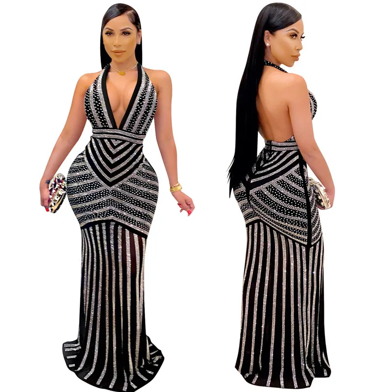 

Sexy Deep V Neck Halter Crystal Maxi Party Dress For Women Lady Backless Bodycon Gown Rhinestone Off Shoulder Birthday Club Wear