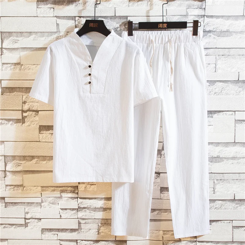 

(Sirt + trousers) 2023 summer men sirt Man Cotton and linen sirts Sort sleeve men's casual sirts men A set of clotes M-5XL