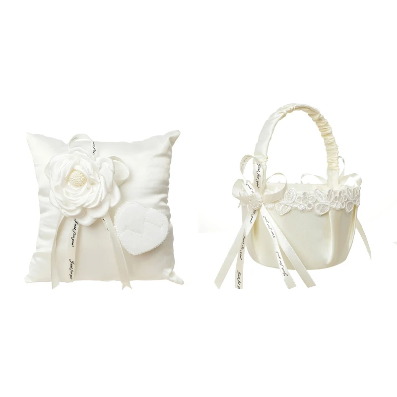 

69HB Small Flower Girl Basket with Faux Flowers White Ring Bearer Pillow for Wedding