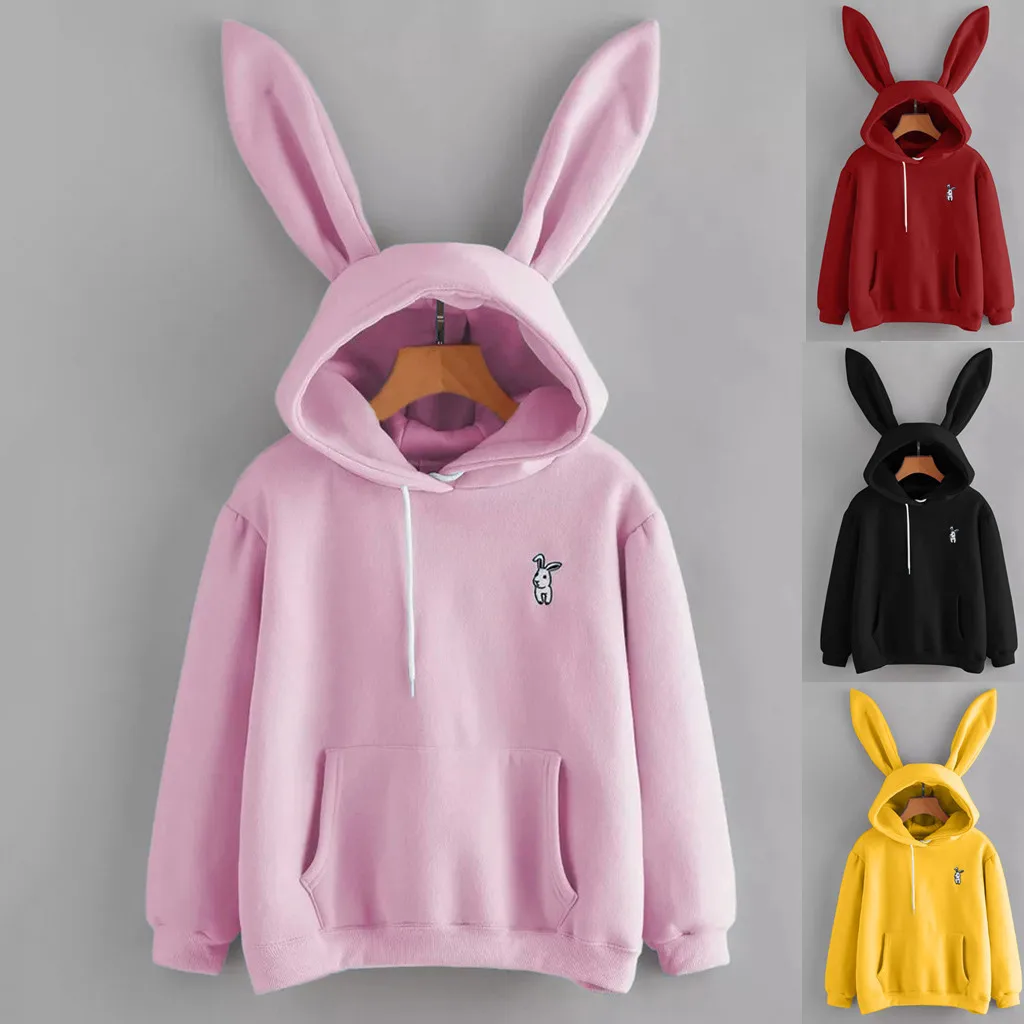 

Women Rabbit Ears Hooded Sweatshirt Women's Long Sleeve Sweatshirt Black Gray Solid Pockets Hoodie Cardigan Womens Sweatshirts