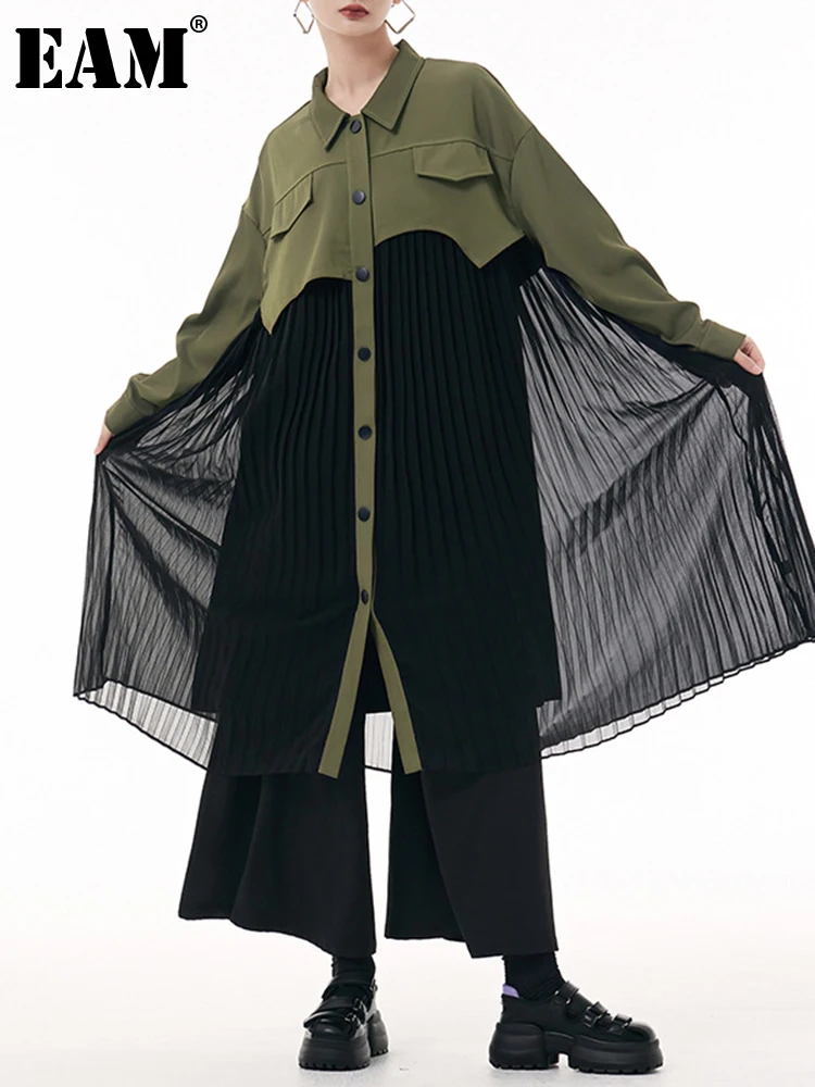 

[EAM] Women Army Green Mesh Big Size Blouse New Lapel Long Sleeve Loose Fit Shirt Fashion Tide Spring Autumn 2023 1DH0518