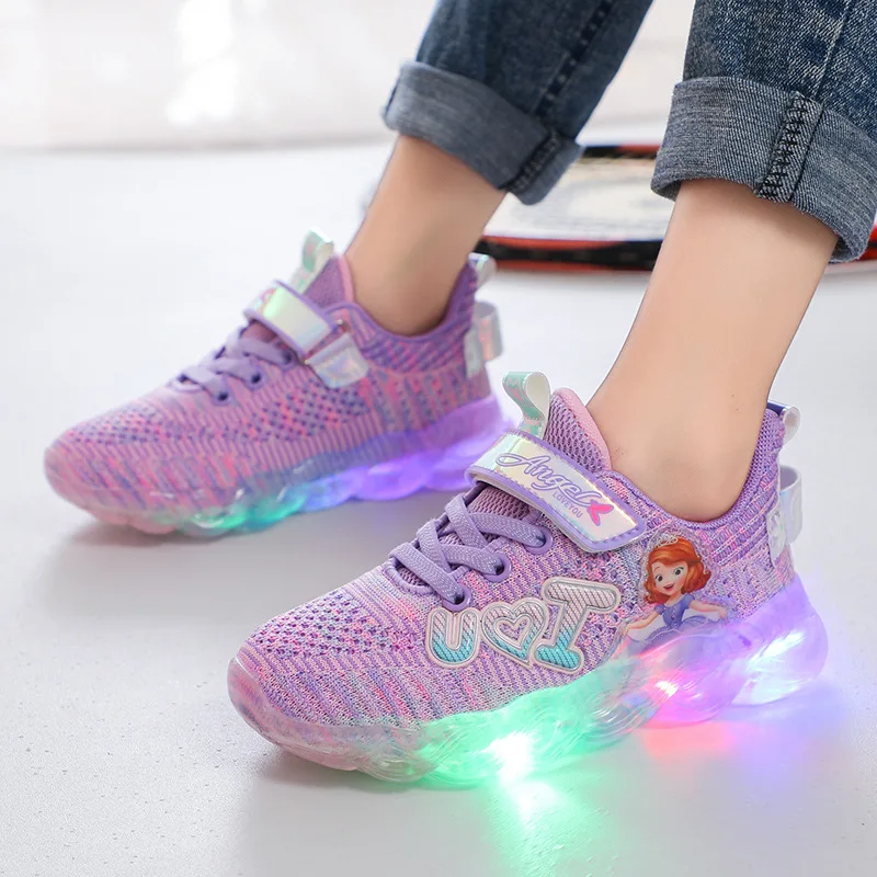 

Disney children's girls casual shoes new led Sophia flying woven surface fashion princess transparent soft sole shoes