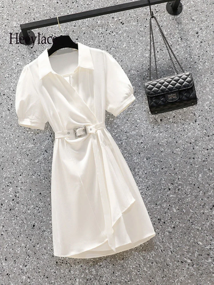 

Женское офисное платье-рубашка, элегантное однотонное платье с коротким рукавом, отложным воротником и высокой талией, женская одежда на ле...