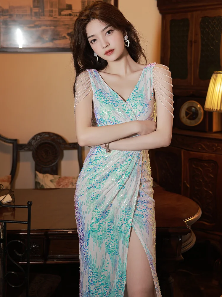 

Вечернее платье с кисточками на плечах для женщин, новинка 2023 года, эффектное, роскошное и нишевое высококачественное платье-Русалка