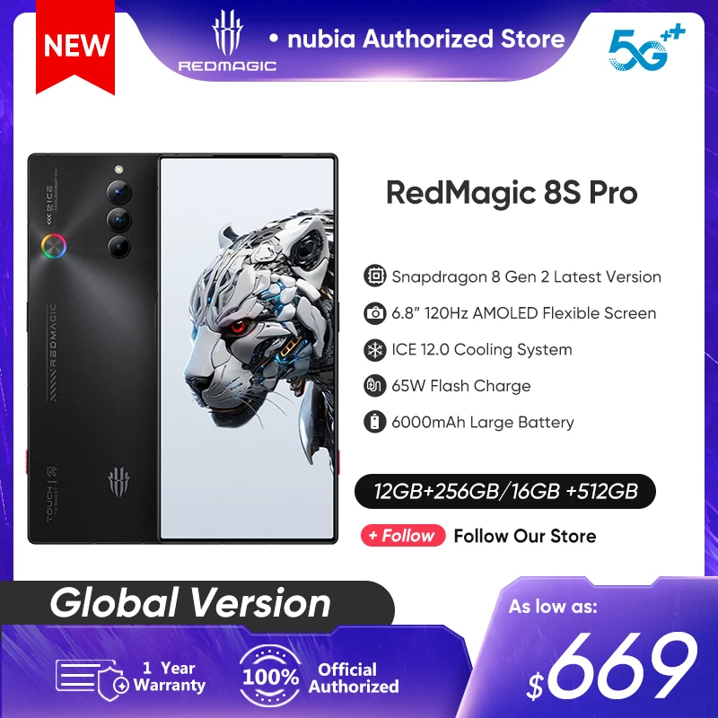 

Nubia RedMagic 8s Pro 5G Global Version 6.8'' 120Hz AMOLED Snapdragon 8 Gen 2 Octa Latest 6000mAh Battery 65W Flash Charge