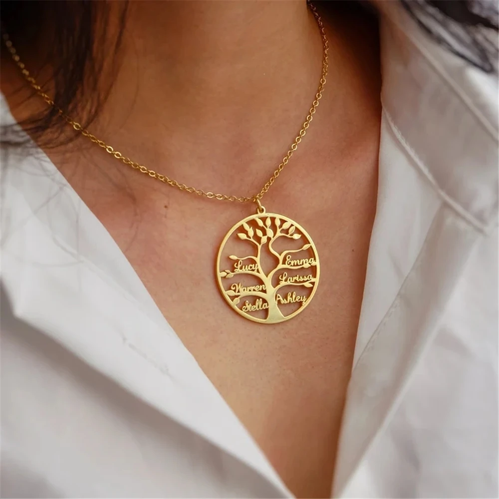 

Custom Tree of Life Name Necklace Personalized Stainless Steel Gold Silver Color Chain Family Member Nameplate Mother's Day Gift