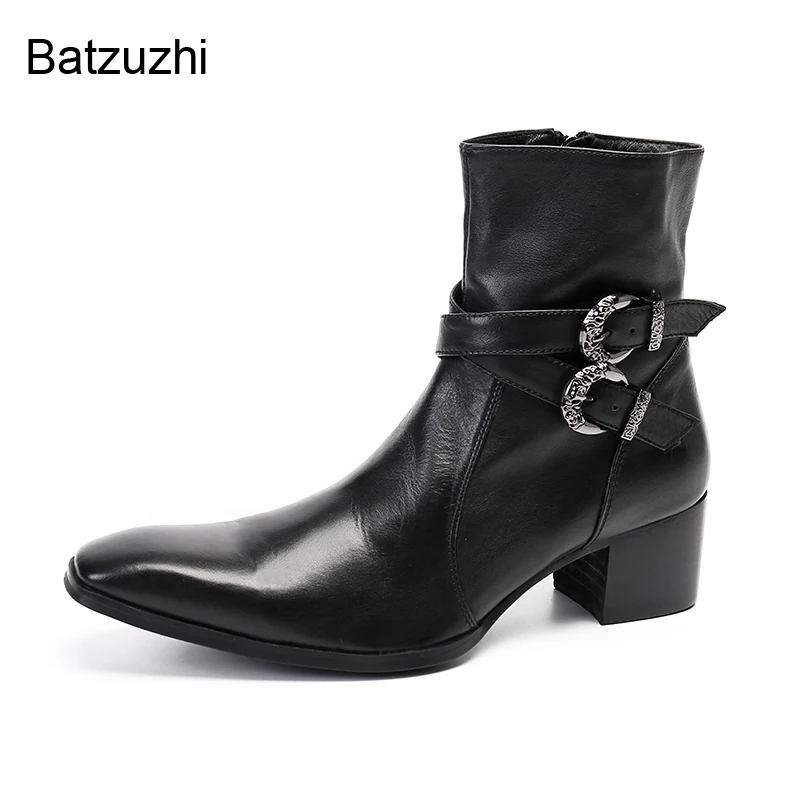 

Batzuzhi Men Boots Rock Western Cowboy Pointed Metal Tip Black Leather Short Boots Men Punk Motorcycle/Knight Boots for Men!