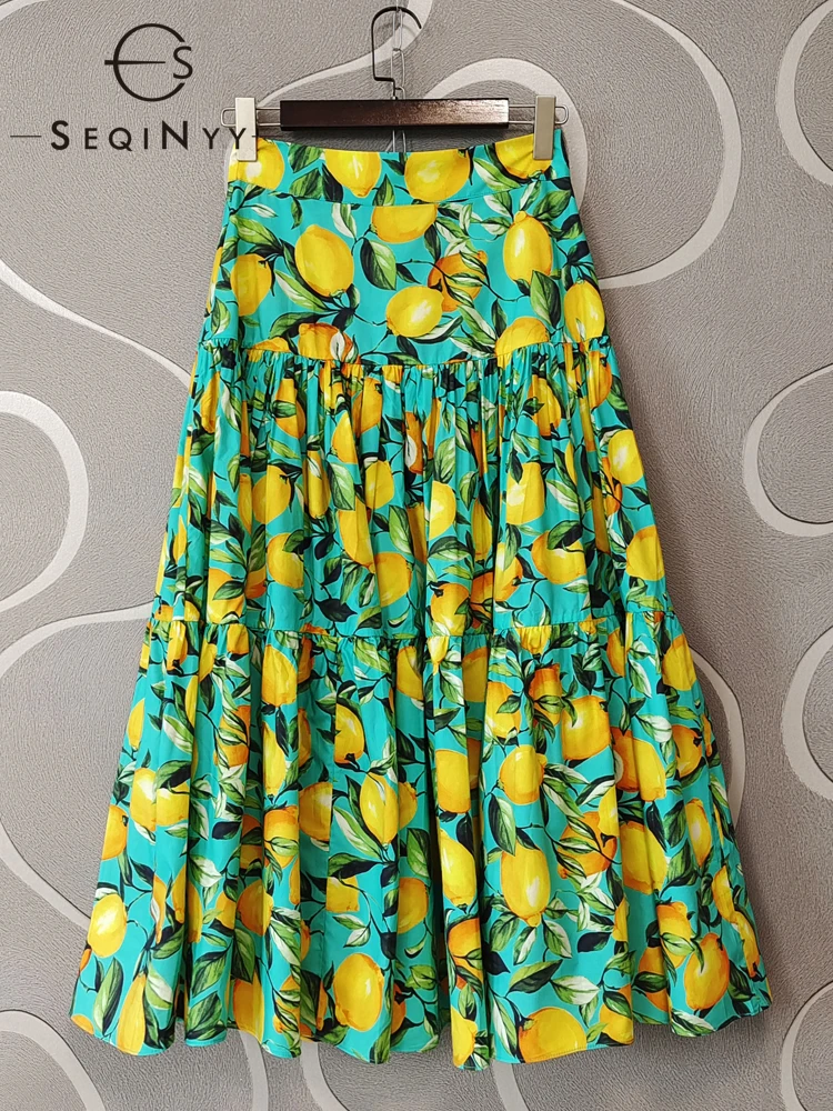 SEQINYY 100% Cotton Skirt Summer Spring New Fashion Design Women Runway Sicily Vintage Lemon Flower Print Green Midi A-Line