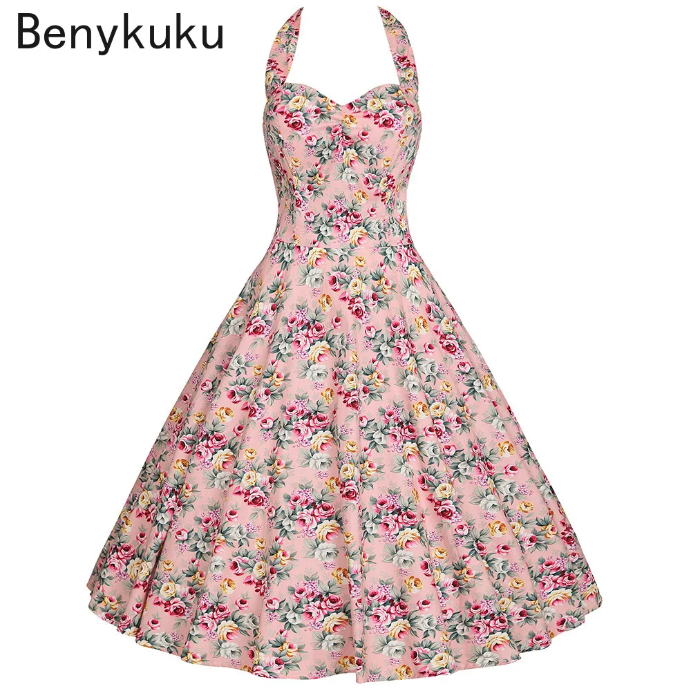 

Floral Print Hepburn Vintage 50s 60s Pin Up Rockabilly Dress Plus Size Women Summer Robes Sexy Halter Party Retro Cotton Dresses