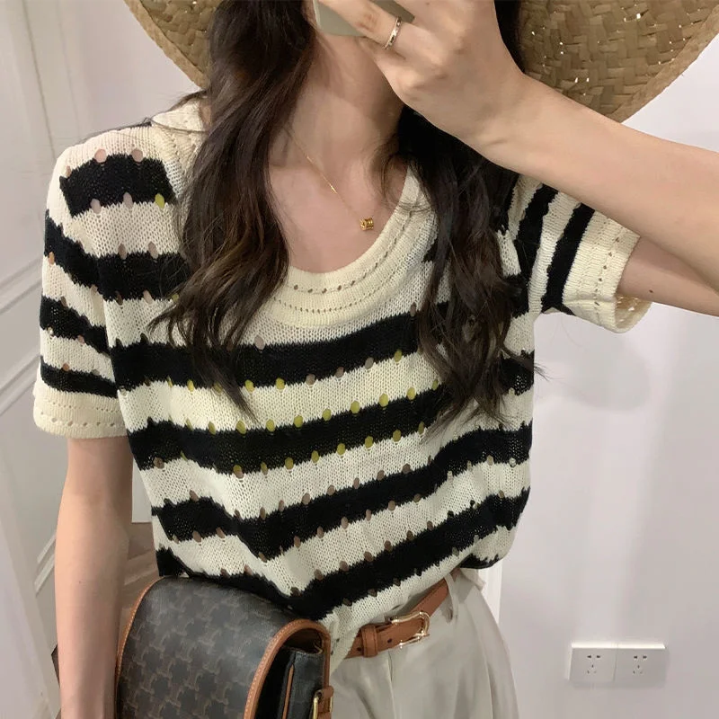 

ILARES Superimposed Garments Knit Top Y2k Korean Fashion Trends Women Clothing Traf Ladies Sweater Short Sleeve Pullover Jumpers