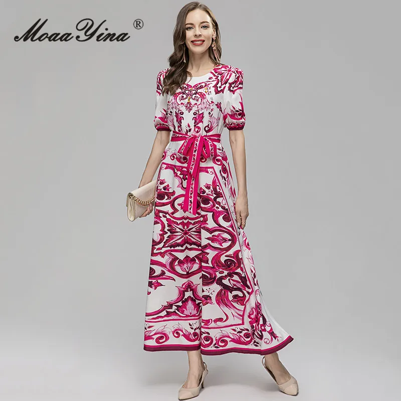 

MoaaYina, летнее модное подиумное винтажное платье миди, женское платье с круглым вырезом и бусинами, украшенное бриллиантами, с бантом, Safflower, фарфоровое Платье с принтом