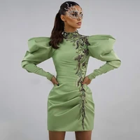 mini full sleeve flower cocktail dresses 2022 high neck green applique pleat homecoming dress for 2022 vestidos de cocktail