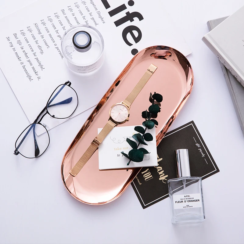 

Modern Metal Rose Gold Plate Stainless Steel Silver Oval Storage Jewelry Display Storage Tray Decorative Supplies Tray