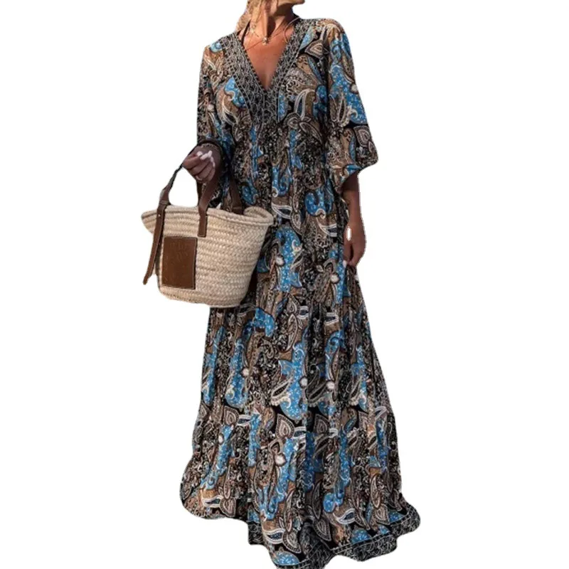 

Women Dress Spring And Summer New Short-sleeved Beach Sexy V-neck A Word Casual Flower Print Loose Fashion Long Mopping Dress