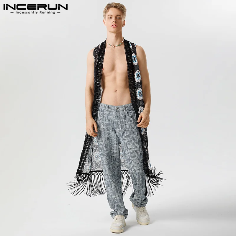 

INCERUN Tops 2023 American Style New Men Stylish Sexy Tracery Lattice Long-style Shirts Leisure Sleeveless Loose Cardigan Blouse
