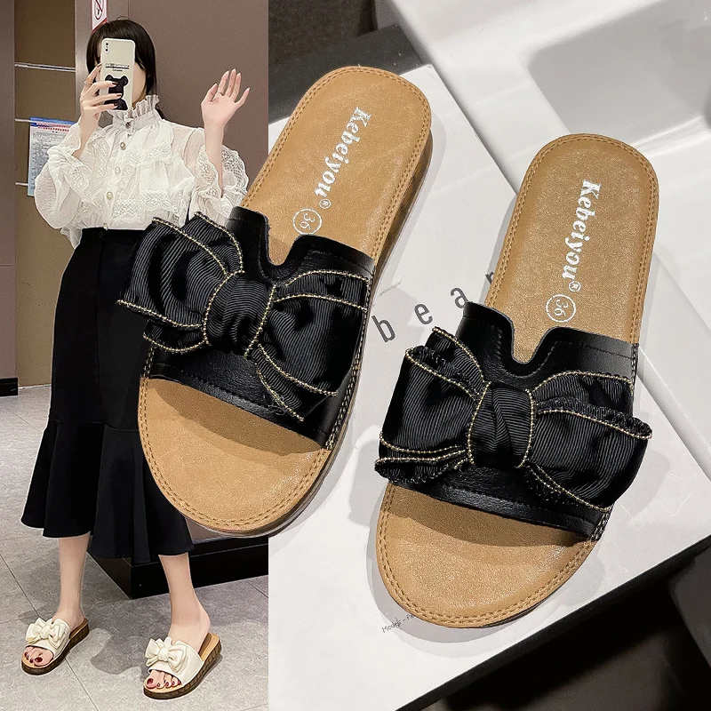 

Autumn popular ladies solid color thick bottom outside wear bow casual slippers 4445