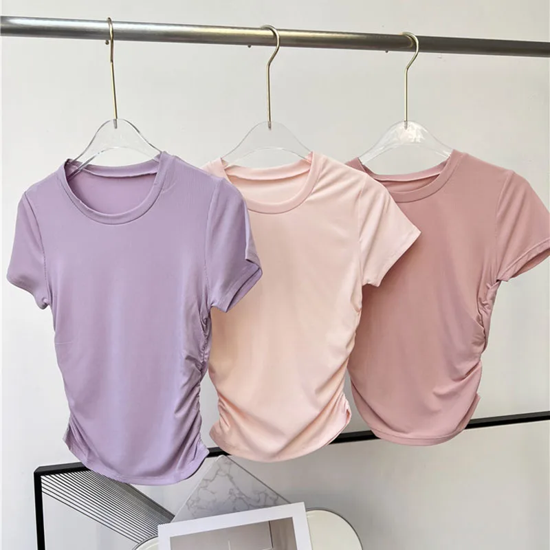 Side Pleated  Yoga Sport T Shirts Women Casual Ribbed Athletic Workout Short Sleeved Top Outfits