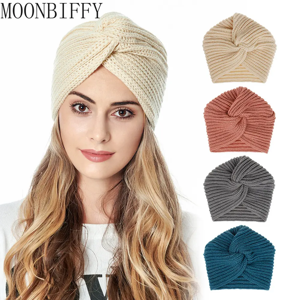 

Women's Knitted Turban Hat Bohemia Cashmere Cross Wrap Head Lndian Wool Bonnet Turbante Cap
