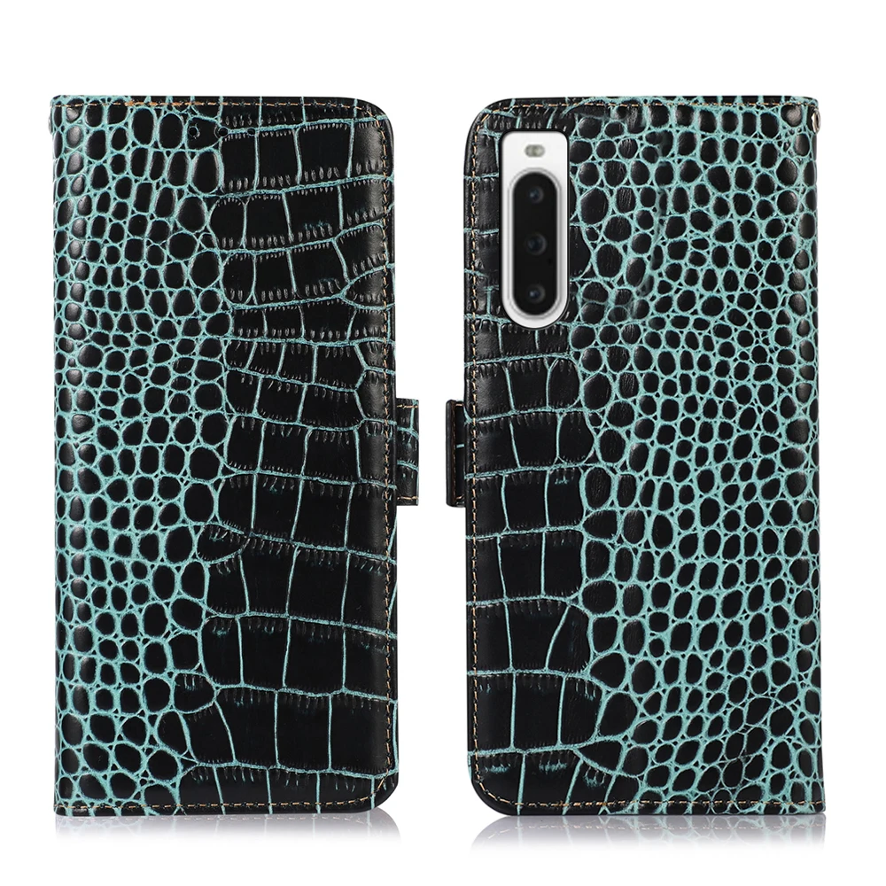 

Genuine Cowhide Leather Flip Case For Sony Xperia 10 1 11 V 5 IV Alligator Grain RFID Blocking Card Slots Magnetic Wallet Cover