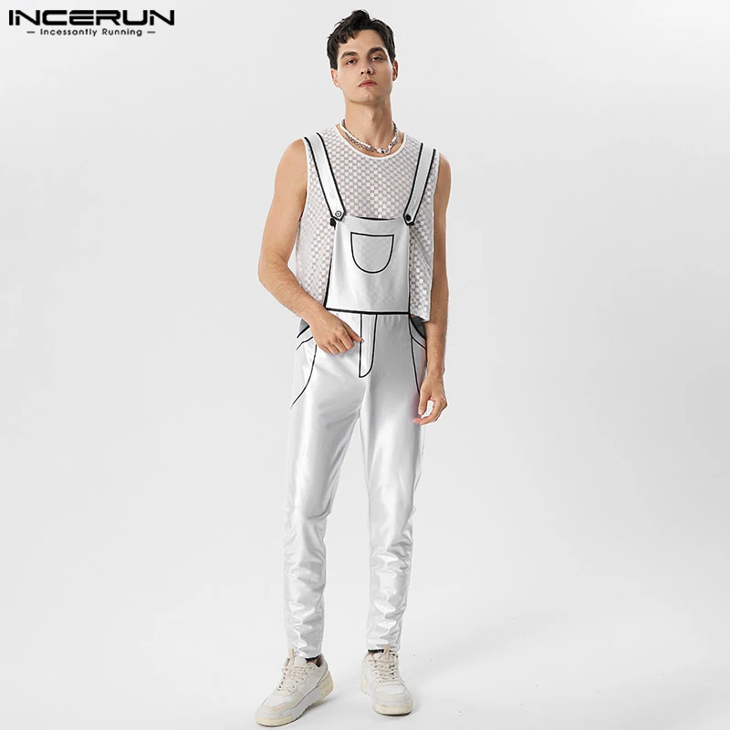

2023 Men Jumpsuits Patchwork Sleeveless Suspenders Rompers Pockets Streetwear Fashion Male Straps Overalls Pants INCERUN S-5XL