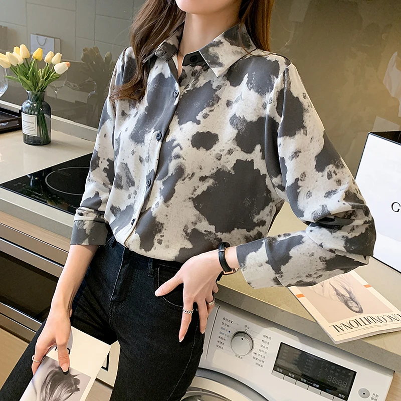 

Women Blouses Leopard Shirts Turn-down Collar Fashion Chiffon Printed Casual Retro Korean Street Wear Loose Simple High Quality