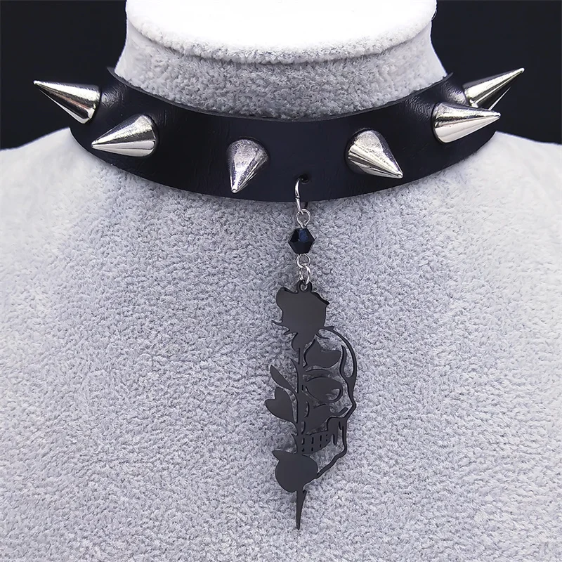 

Punk Skull Rose Spike Rivet PU Leather Chain Necklace Harajuku Gothic Cosplay Choker Necklace Jewelry cordao feminino NXH1013S06