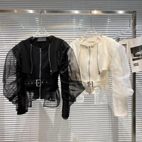 2022 spring new bubble net yarn sleeve belt zipper jacket temperament short coat for women high waist coats woman cropped jacket
