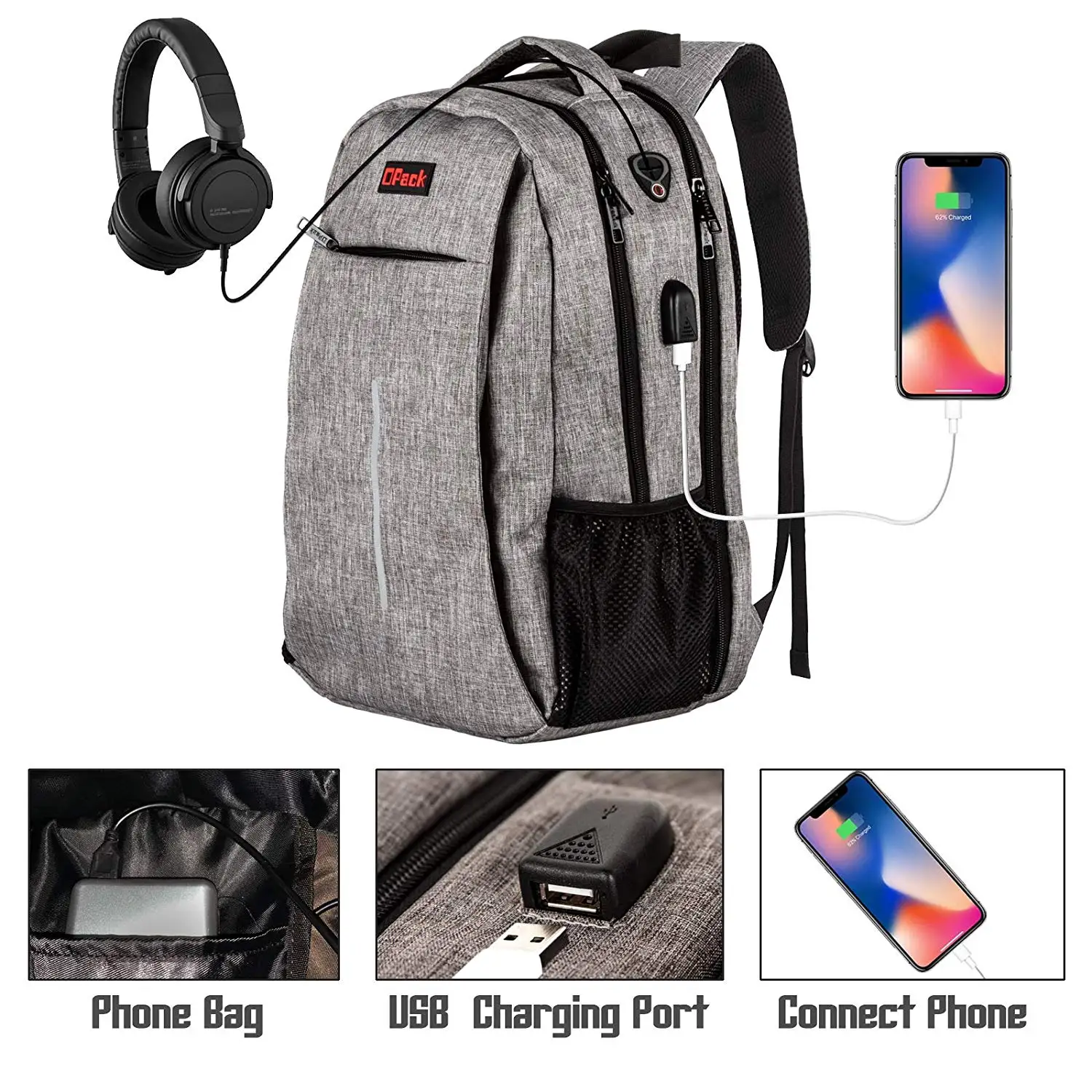 Travel Gray Backpack Anti Theft RFID Water Resistant Unisex 17