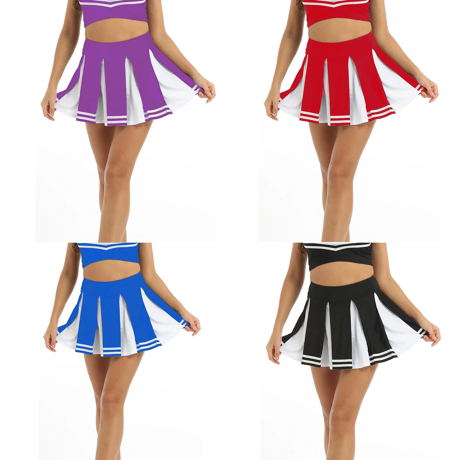 

#S-3XL Women Cheerleading Pleated Skirt Striped Mid Waist Mini Skirt Schoolgirl Cosplay Costume Sports Competition Show Clothing