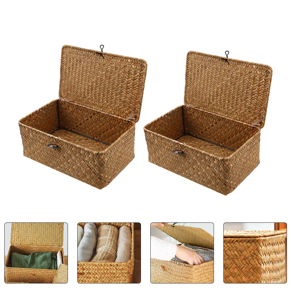 

2pcs Desk Organizer Basket Woven Storage Bins Decorative Storage Boxes Basket with Lid Rustic Storage Baskets