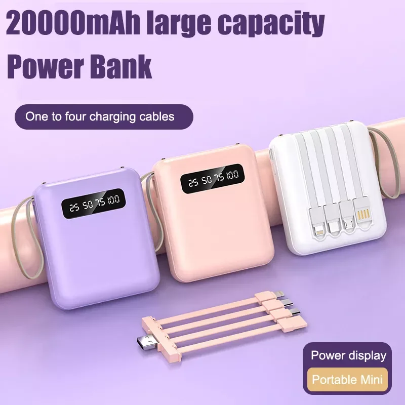 

NEW2023 20000mAh Digital Display Power Bank Comes With 4 Wires Large Capacity PoverBank Mobile Phone External Battery For Iphone