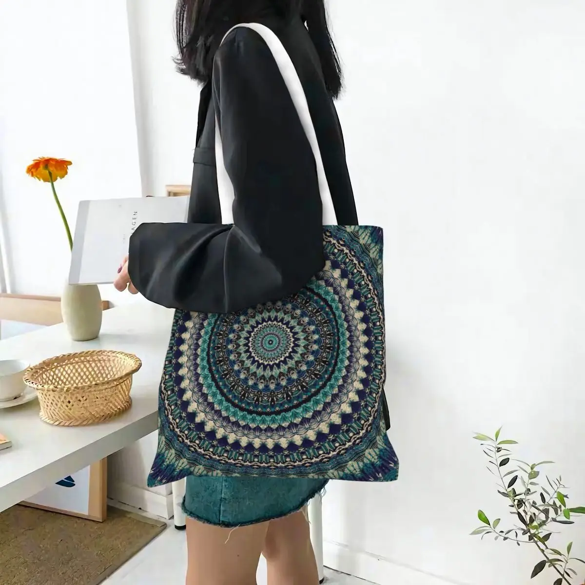 Холщовая Сумка-тоут с цветочным принтом и мандалой модная вместительная