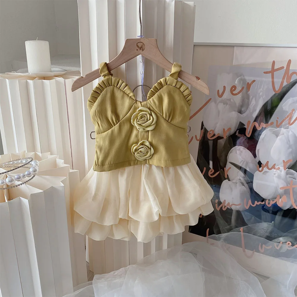 

Toddler Girl Set Clothes 2022 Summer New Girls Korean Vest Suspender Top Puffy Skirt 2pcs Vintage Flower Top Fashion Set 2-7 Y