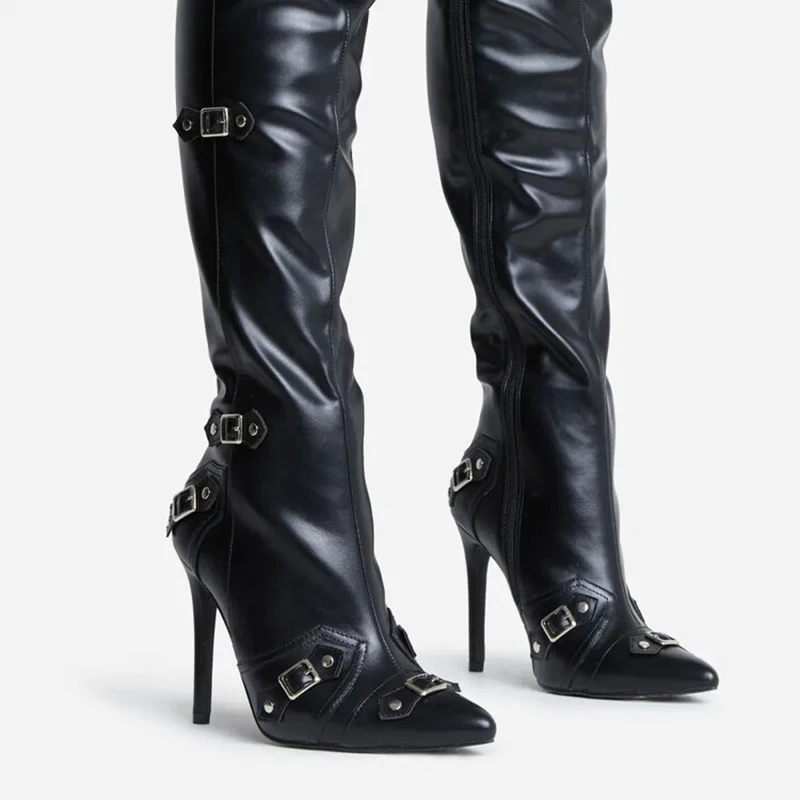 

Fashion Metal Buckle Over the Knee Long Boots Female Pointed Toe Super High Heels Zip Sexy Party Bar High Boots Stilettos Mujer
