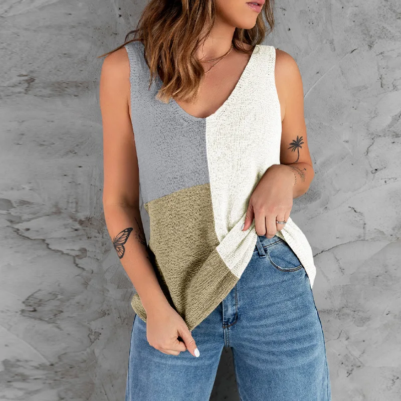 

Summer Woman sexy tank top women's vintage knitted vest loose colorblock V neck sleeveless white aesthetic For Women tops 2022
