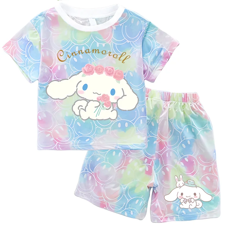 Фото Детский комплект футболок Sanrio с короткими рукавами, одежда с принтом Cinnamoroll, летний повседневный костюм из двух предметов для мальчиков и девочек, подарок на день рождения для ребенка №5