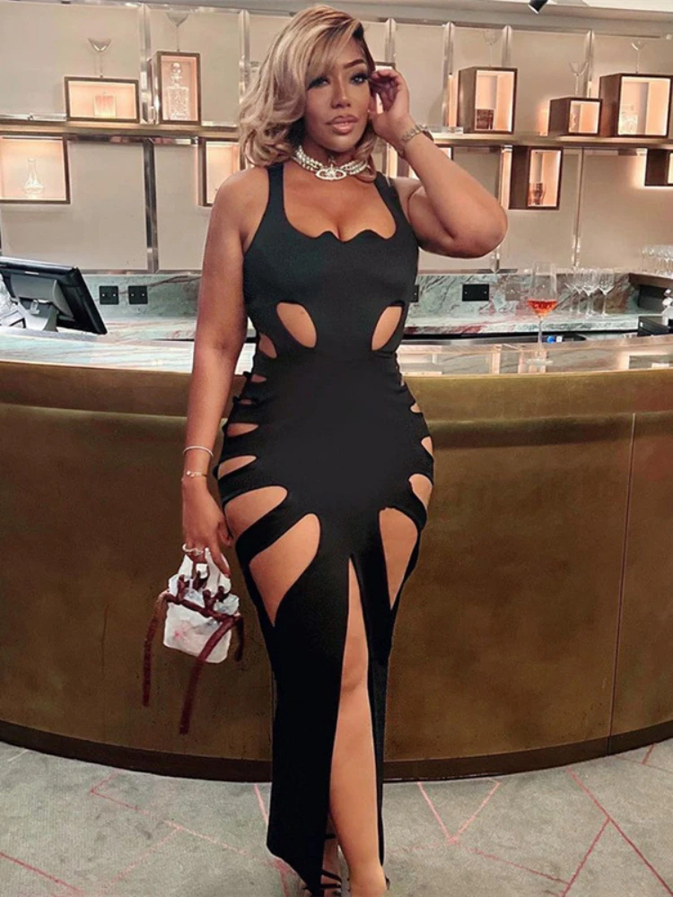 

2023 Spring Women's New Solid Color Hollow Out Low Neck High Waist Wrap Hip Split Slim Fit Long Dress