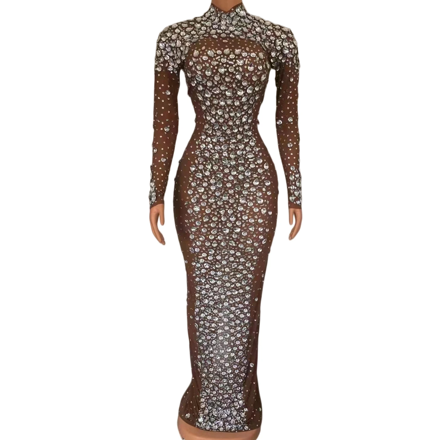 

High Collar Diamond Beaded Evening Dress Women With Crystals Ladies Dress Casual Sexy Birthday Date Night Dress Sexy Costume