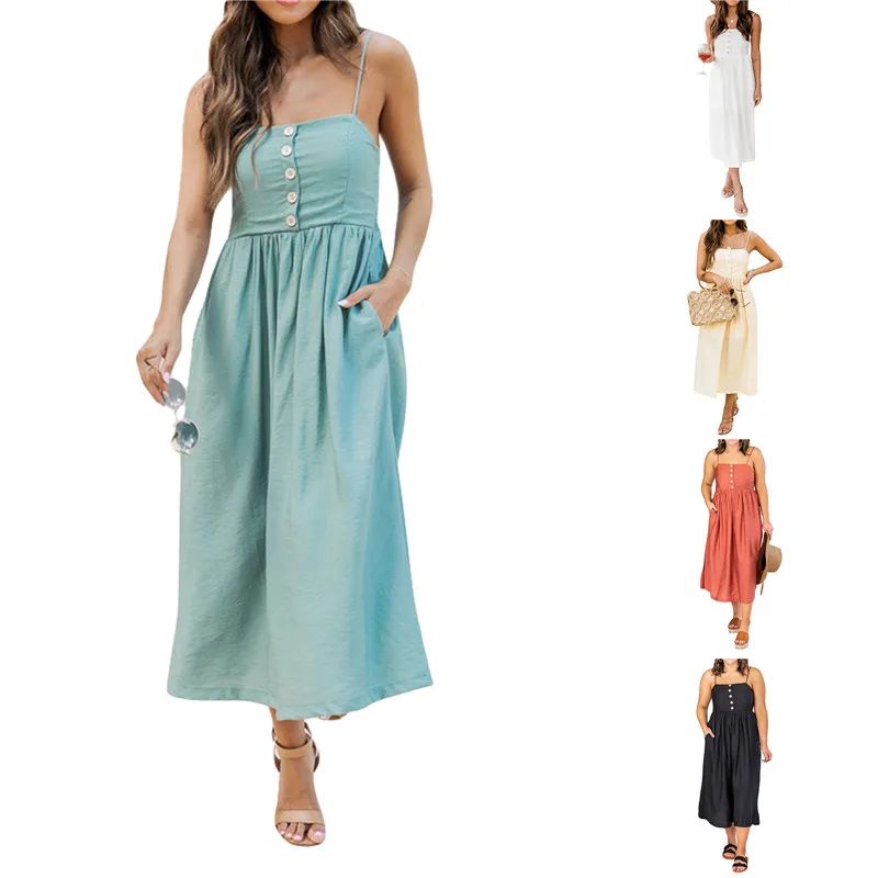 

Women's Casual Suspender Midi Dress Solid Color Button Embellishment Cotton Linen High Waist Sleeveless Tank Dress Summer 2022