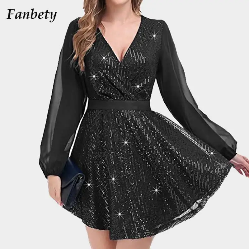 

Women 2023 Fashion Patchwork Sequins Party Dress Autumn Elegant V-Neck Long Sleeve Slim Dress LadY Casual Bodycon Dress Vestido
