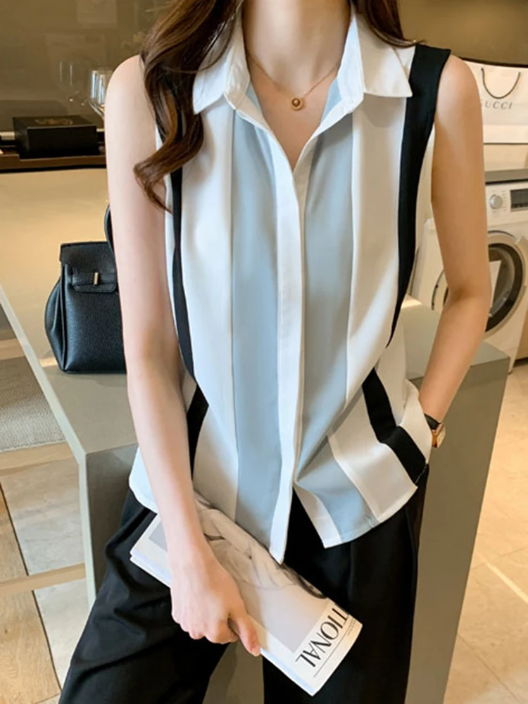 

Womans Tops Turndown Collar Camisas Para Mujer Korean Office Lady Button Up Shirt Chiffon Women Shirts Blouses Sleeveless Shirt