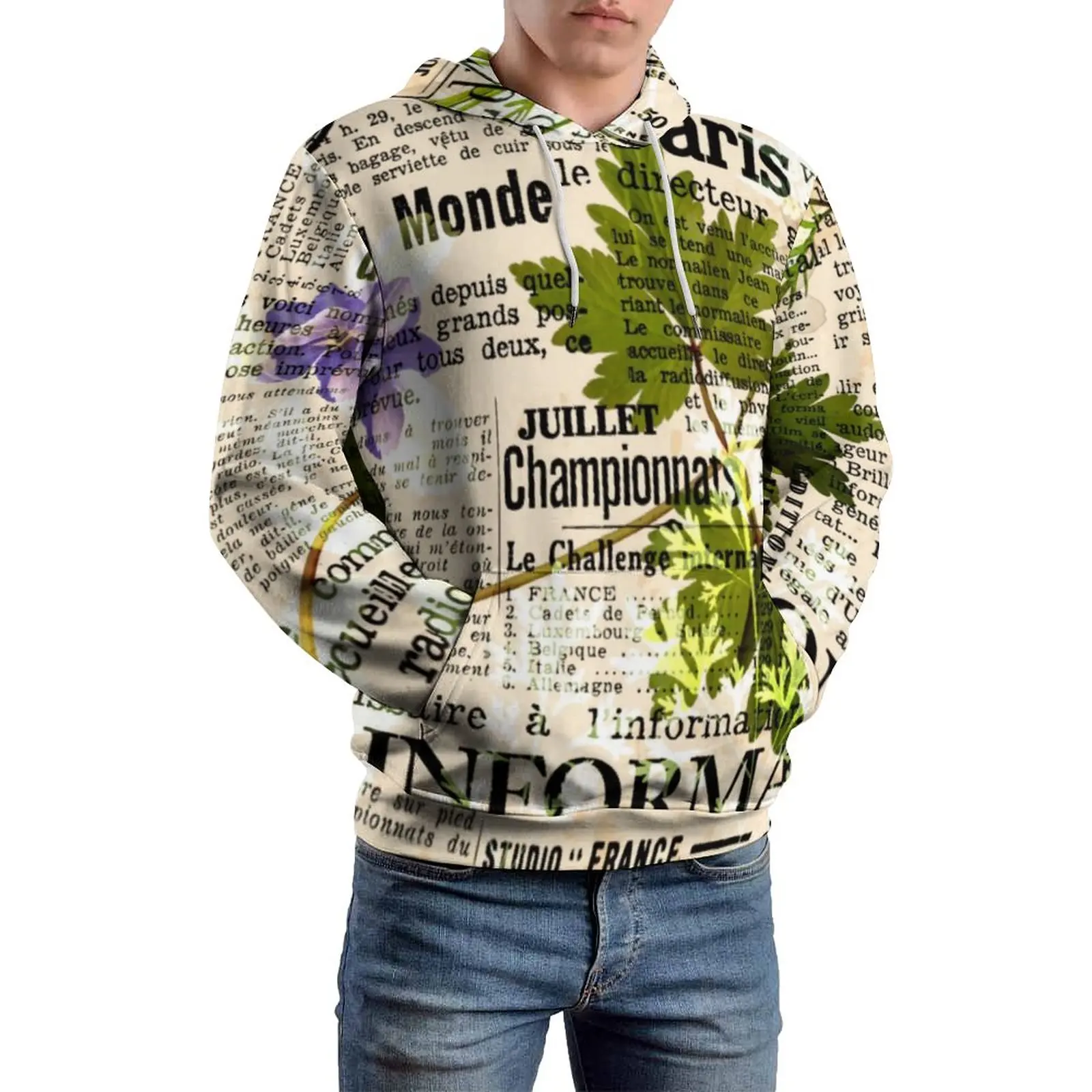 

Retro Newspaper Casual Hoodies Long Sleeve Leaf Floral Print Hip Hop Pullover Hoodie Winter Unisex Loose Oversize Custom Clothes